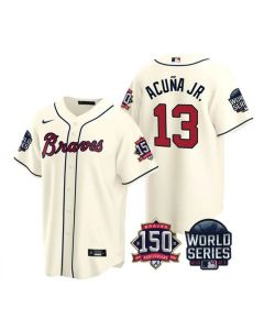 Men's Atlanta Braves #13 Ronald Acuna Jr. 2021 Cream World Series With 150th Anniversary Patch Cool Base Stitched Jersey