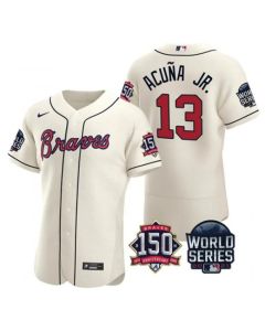 Men's Atlanta Braves #13 Ronald Acuna Jr. 2021 Cream World Series With 150th Anniversary Patch Stitched Baseball Jersey