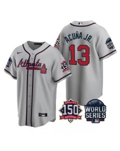 Men's Atlanta Braves #13 Ronald Acuna Jr. 2021 Gray World Series With 150th Anniversary Patch Cool Base Stitched Jersey