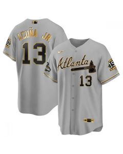 Men's Atlanta Braves #13 Ronald Acuna Jr. 2021 Grey/Gold World Series Champions With 150th Anniversary Patch Cool Base Stitched Jersey