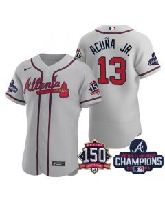 Men's Atlanta Braves #13 Ronald Acuna Jr. 2021 Grey World Series Champions With 150th Anniversary Flex Base Stitched Jersey