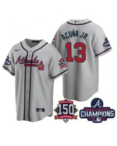 Men's Atlanta Braves #13 Ronald Acuna Jr. 2021 Grey World Series Champions With 150th Anniversary Patch Cool Base Stitched Jersey