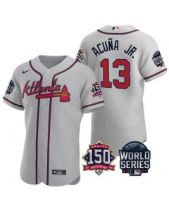 Men's Atlanta Braves #13 Ronald Acuna Jr. 2021 Grey World Series With 150th Anniversary Patch Stitched Baseball Jersey