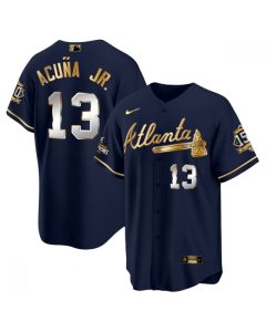 Men's Atlanta Braves #13 Ronald Acuna Jr. 2021 Navy/Gold World Series Champions With 150th Anniversary Patch Cool Base Stitched Jersey