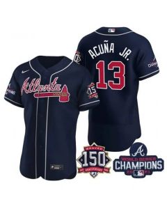 Men's Atlanta Braves #13 Ronald Acuna Jr. 2021 Navy World Series Champions With 150th Anniversary Flex Base Stitched Jersey