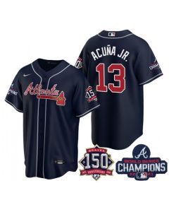 Men's Atlanta Braves #13 Ronald Acuna Jr. 2021 Navy World Series Champions With 150th Anniversary Patch Cool Base Stitched Jersey