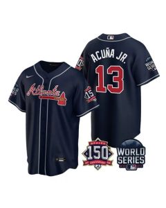 Men's Atlanta Braves #13 Ronald Acuna Jr. 2021 Navy World Series With 150th Anniversary Patch Cool Base Stitched Jersey