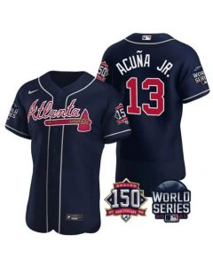 Men's Atlanta Braves #13 Ronald Acuna Jr. 2021 Navy World Series With 150th Anniversary Patch Stitched Baseball Jersey