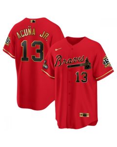 Men's Atlanta Braves #13 Ronald Acuna Jr. 2021 Red/Gold World Series Champions With 150th Anniversary Patch Cool Base Stitched Jersey