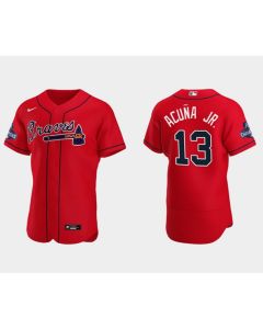 Men's Atlanta Braves #13 Ronald Acuna Jr. 2021 Red World Series Champions Flex Base Stitched Jersey