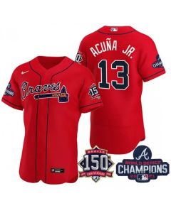 Men's Atlanta Braves #13 Ronald Acuna Jr. 2021 Red World Series Champions With 150th Anniversary Flex Base Stitched Jersey