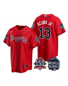 Men's Atlanta Braves #13 Ronald Acuna Jr. 2021 Red World Series With 150th Anniversary Patch Cool Base Stitched Jersey