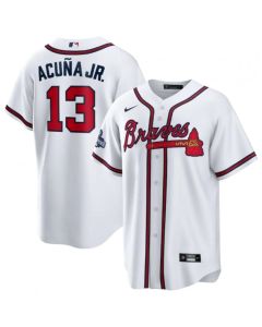Men's Atlanta Braves #13 Ronald Acuna Jr. 2021 White World Series Champions Cool Base Stitched Jersey