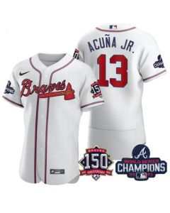 Men's Atlanta Braves #13 Ronald Acuna Jr. 2021 White World Series Champions With 150th Anniversary Flex Base Stitched Jersey