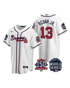 Men's Atlanta Braves #13 Ronald Acuna Jr. 2021 White World Series With 150th Anniversary Patch Cool Base Stitched Jersey
