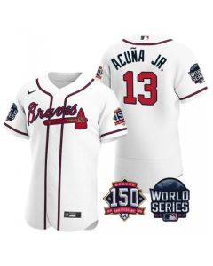Men's Atlanta Braves #13 Ronald Acuna Jr. 2021 White World Series With 150th Anniversary Patch Stitched Baseball Jersey