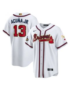 Men's Atlanta Braves #13 Ronald Acuna Jr. 2022 White/Gold World Series Champions Program Cool Base Stitched Baseball Jersey (White Gold)