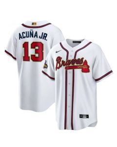 Men's Atlanta Braves #13 Ronald Acuna Jr. 2022 White/Gold World Series Champions Program Cool Base Stitched Baseball Jersey