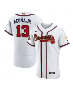 Men's Atlanta Braves #13 Ronald Acuna Jr. 2022 White/Gold World Series Champions Program Flex Base Stitched Baseball Jersey