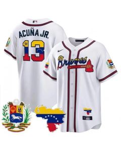 Men's Atlanta Braves #13 Ronald Acuna Jr. 2023 White With Patch Cool Base Stitched Jersey