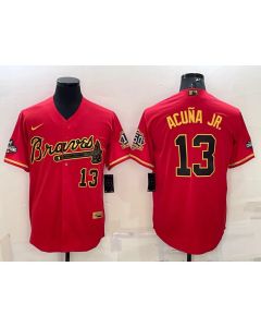 Men's Atlanta Braves #13 Ronald Acuna Jr. Red Gold Cool Base Stitched Baseball Jersey