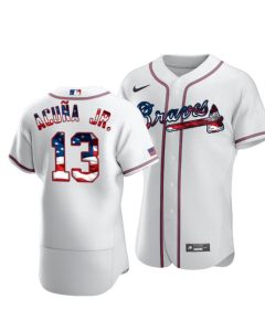 Men's Atlanta Braves #13 Ronald Acuna Jr White 2020 Stars & Stripes Flex Base Stitched Jersey