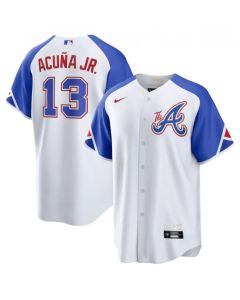 Men's Atlanta Braves #13 Ronald Acuna Jr. White 2023 City Connect Cool Base Stitched Baseball Jersey
