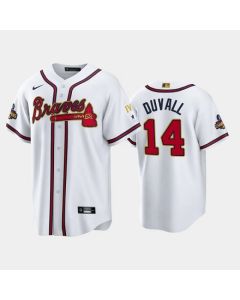 Men's Atlanta Braves #14 Adam Duvall 2022 White/Gold World Series Champions Program Cool Base Stitched Baseball Jersey
