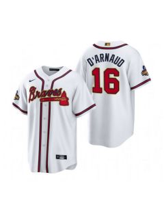 Men's Atlanta Braves #16 Travis d'Arnaud White 2022-23 Gold Cool Base Stitched Baseball Jersey