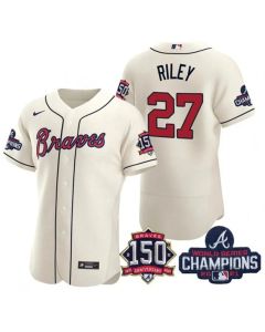 Men's Atlanta Braves #27 Austin Riley 2021 Cream World Series Champions With 150th Anniversary Flex Base Stitched Jersey