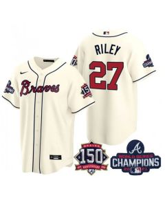 Men's Atlanta Braves #27 Austin Riley 2021 Cream World Series Champions With 150th Anniversary Patch Cool Base Stitched Jersey