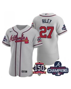 Men's Atlanta Braves #27 Austin Riley 2021 Grey World Series Champions With 150th Anniversary Flex Base Stitched Jersey