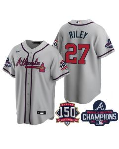 Men's Atlanta Braves #27 Austin Riley 2021 Grey World Series Champions With 150th Anniversary Patch Cool Base Stitched Jersey
