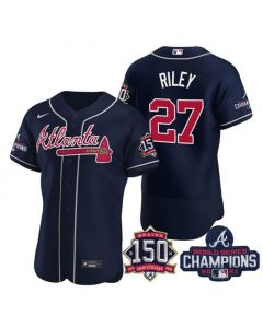 Men's Atlanta Braves #27 Austin Riley 2021 Navy World Series Champions With 150th Anniversary Flex Base Stitched Jersey