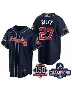 Men's Atlanta Braves #27 Austin Riley 2021 Navy World Series Champions With 150th Anniversary Patch Cool Base Stitched Jersey