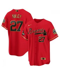 Men's Atlanta Braves #27 Austin Riley 2021 Red/Gold World Series Champions With 150th Anniversary Patch Cool Base Stitched Jersey