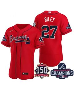 Men's Atlanta Braves #27 Austin Riley 2021 Red World Series Champions With 150th Anniversary Flex Base Stitched Jersey