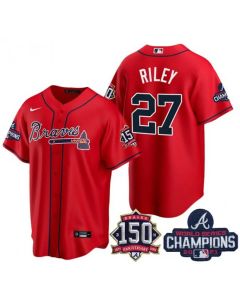 Men's Atlanta Braves #27 Austin Riley 2021 Red World Series Champions With 150th Anniversary Patch Cool Base Stitched Jersey