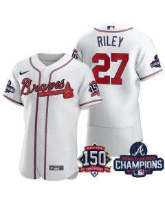 Men's Atlanta Braves #27 Austin Riley 2021 White World Series Champions With 150th Anniversary Flex Base Stitched Jersey