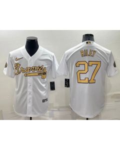 Men's Atlanta Braves #27 Austin Riley 2022 All-Star White Cool Base Stitched Baseball Jersey