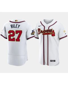 Men's Atlanta Braves #27 Austin Riley 2022 White/Gold World Series Champions Program Flex Base Stitched Baseball Jersey