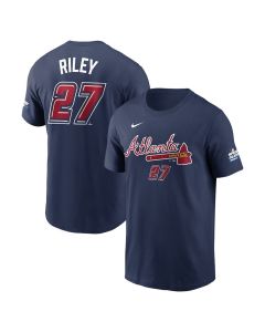 Men's Atlanta Braves #27 Austin Riley Navy 2025 MLB Speedway Classic Name & Number T-Shirt (Navy)