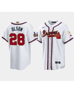 Men's Atlanta Braves #28 Matt Olson 2022 White/Gold World Series Champions Program Cool Base Stitched Baseball Jersey