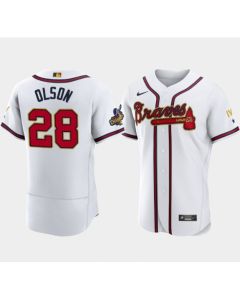 Men's Atlanta Braves #28 Matt Olson 2022 White/Gold World Series Champions Program Flex Base Stitched Baseball Jersey