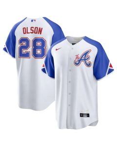 Men's Atlanta Braves #28 Matt Olson White 2023 City Connect Cool Base Stitched Baseball Jersey