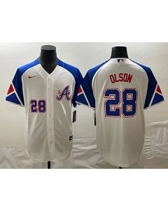 Men's Atlanta Braves #28 Matt Olson White 2023 City Connect Cool Base With Patch Stitched Baseball Jersey