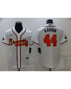 Men's Atlanta Braves #44 Hank Aaron 2022 White/Gold World Series Champions Program Cool Base Stitched Baseball Jersey
