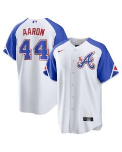 Men's Atlanta Braves #44 Hank Aaron White 2023 City Connect Cool Base Stitched Baseball Jersey