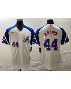 Men's Atlanta Braves #44 Hank Aaron White 2023 City Connect Cool Base With Patch Stitched Baseball Jersey (White)