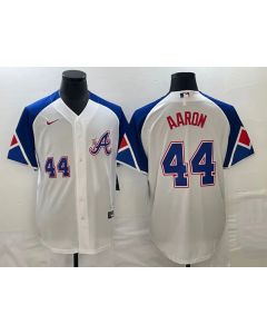 Men's Atlanta Braves #44 Hank Aaron White 2023 City Connect Cool Base With Patch Stitched Baseball Jersey